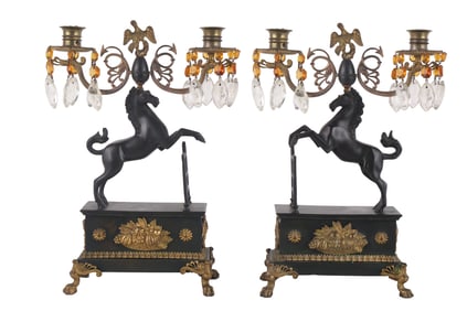 Pair of Regency Style Bronze and Gilt-Bronze Mounted Two-Light Candelabra