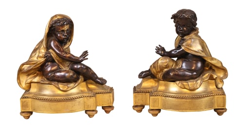Pair of Louis XVI Style Gilt and Patinated Bronze Figural Chenets