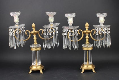 Pair of Regency Style Gilt-Bronze and Cut Glass Two-Light Candelabra