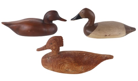 Three Carved Wood Duck Decoys