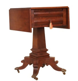 Classical Carved and Figured Mahogany Two-Drawer Drop Leaf Work Table