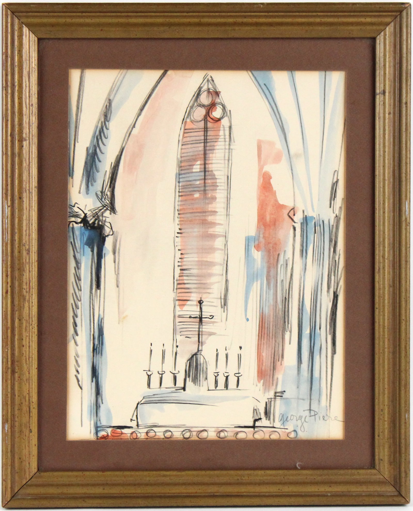George Pierce, Church Interior, Mixed Media: George Pierce Church Interior Mixed Media Signed l.r. in pencil. Sight: 11 3/4 x 8 3/4 in. (29.8 x 22.2 cm.), Frame: 15 3/4 x 12 3/4 in. (40 x 32.4 cm.)