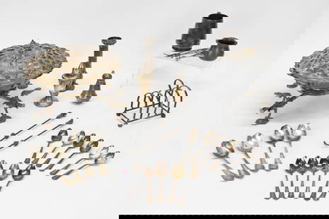Group of Assorted Sterling and Silver Plated Table Articles: Group of Assorted Sterling and Silver Plated Table Articles. Including a set of 4 Tiffany and Company silver plated spoons, sterling silver salt shaker, sterling silver pepper shaker, Antique silverpl