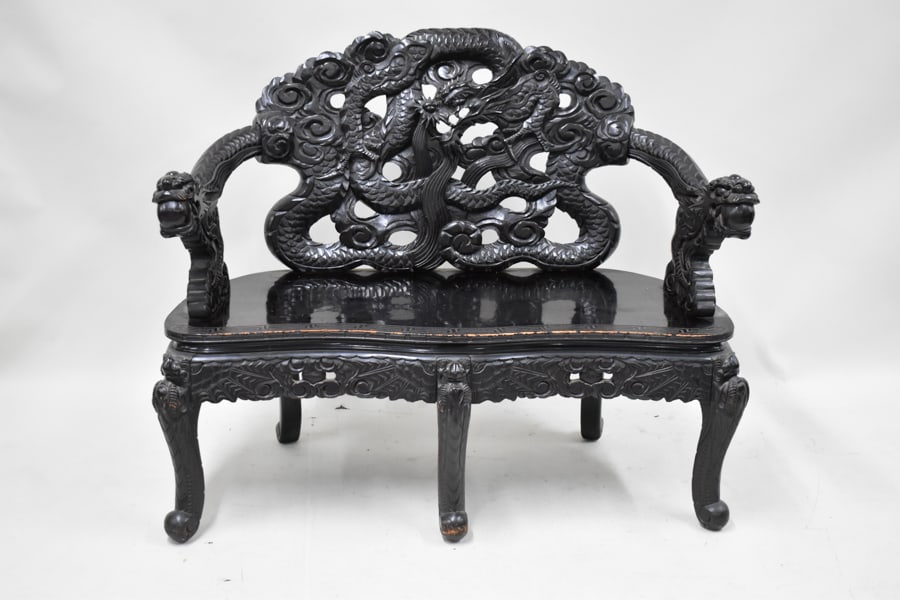 Asian Style Hardwood Dragon Carved Settee: Asian Style Hardwood Dragon Carved Settee. Used condition, wear, worn, losses. 29 1/2" tall x 48 1/2" x 21"