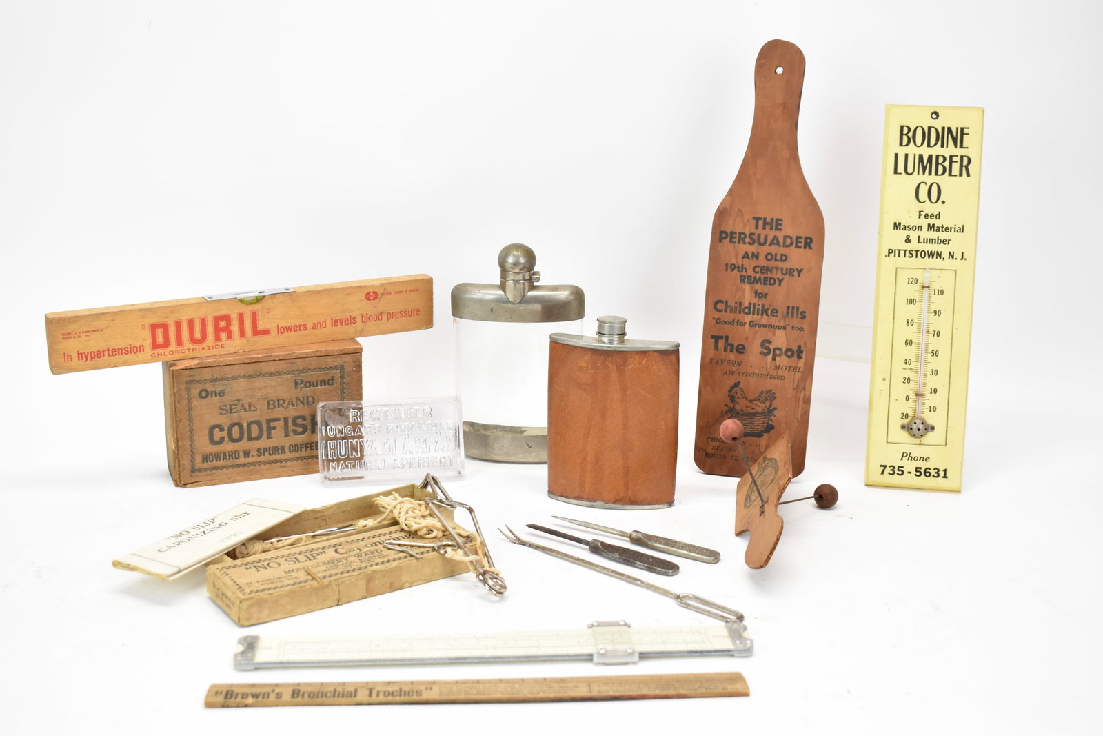 Group of Assorted Advertising and Desk Articles: Group of Assorted Advertising and Desk Articles. Including Mark Cross Flask, Bodine Lumber Company Pittstown New Jersey, Winfield & Massey Battery Service Station Franklin Kentucky screw driver, F.B.