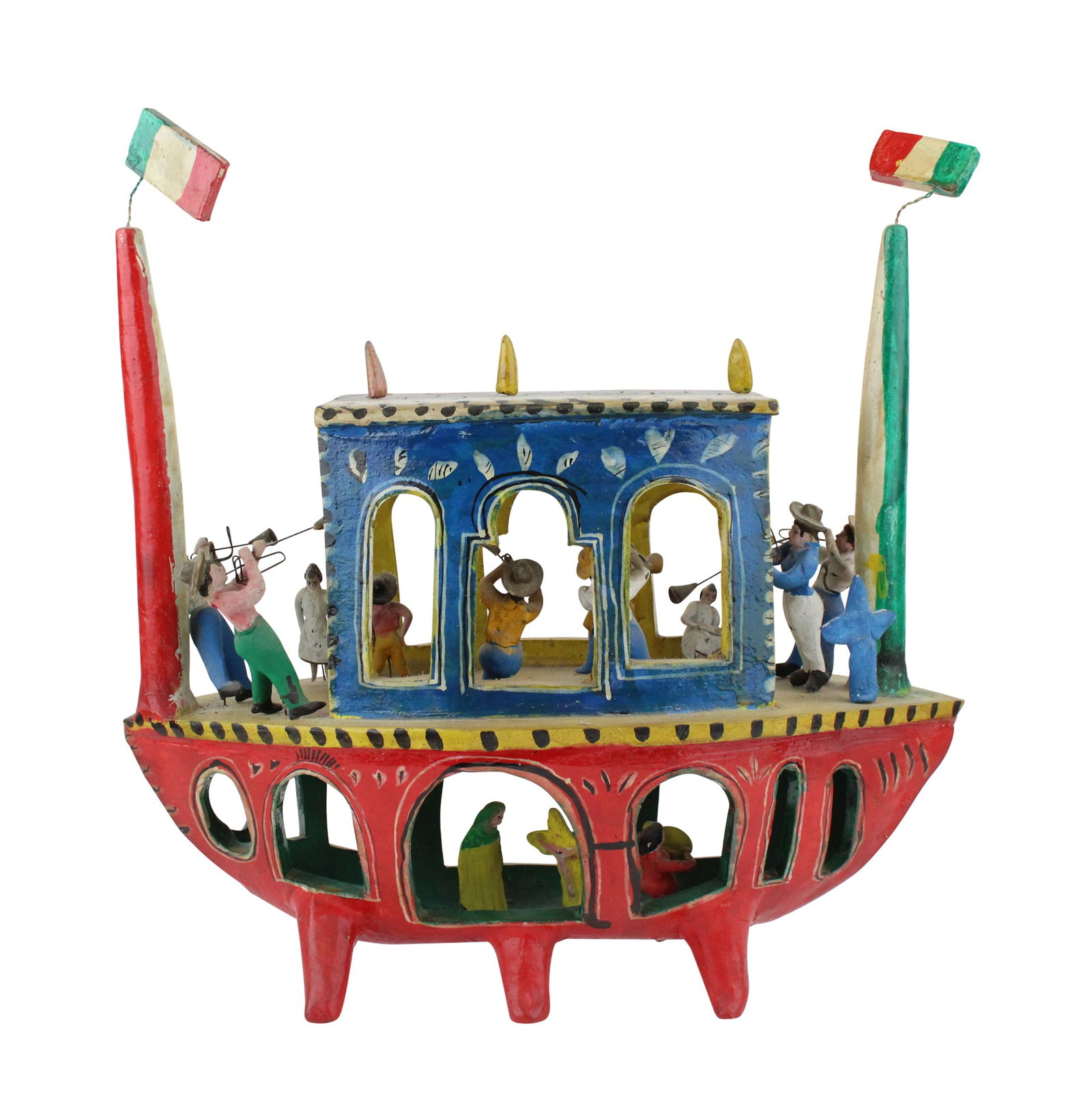 Mexican Folk Art Painted Pottery Sculpture: Depicting, musicians on a boat, after Candelario Medrano Lopez.Repairs to one flag pole.