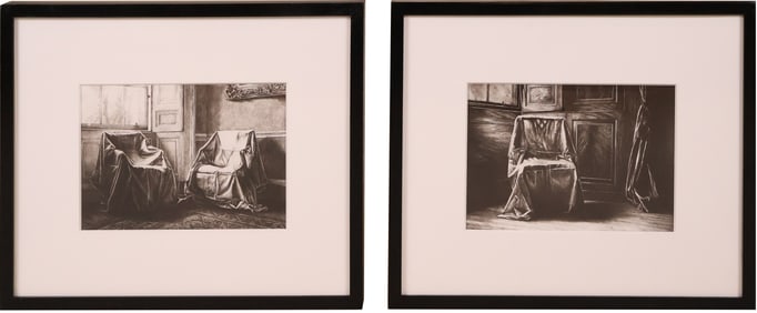 Chairs Covered in Drop Cloths, Black and White Prints