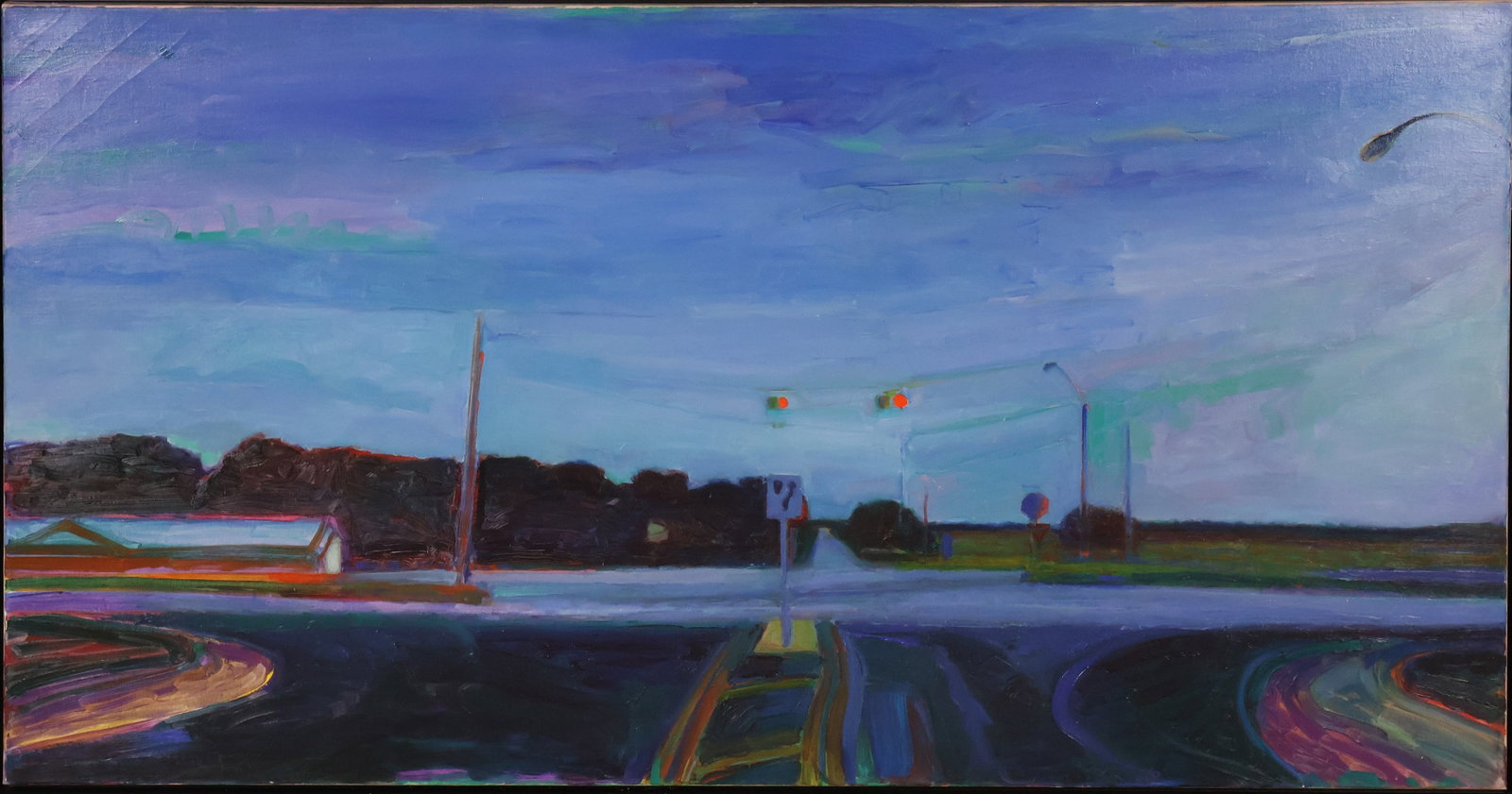 Intersection of a Street, Oil on Canvas: Intersection of a Street Oil on Canvas Appears to be unsigned. Sight: 32 x 60 in. (81.3 x 152.4 cm.), Frame: 33 1/2 x 61 1/2 x 2 in. (85.1 x 156.2 x 5.1 cm.)