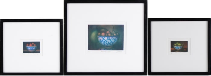 Laurent Schkolnyk, French 1953, Fruit in Bowls, Three Mezzotints