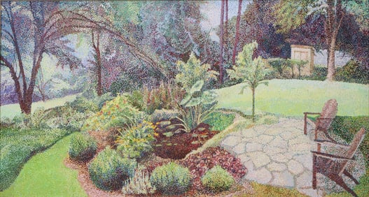 Pointillist Backyard Garden, Oil on Board