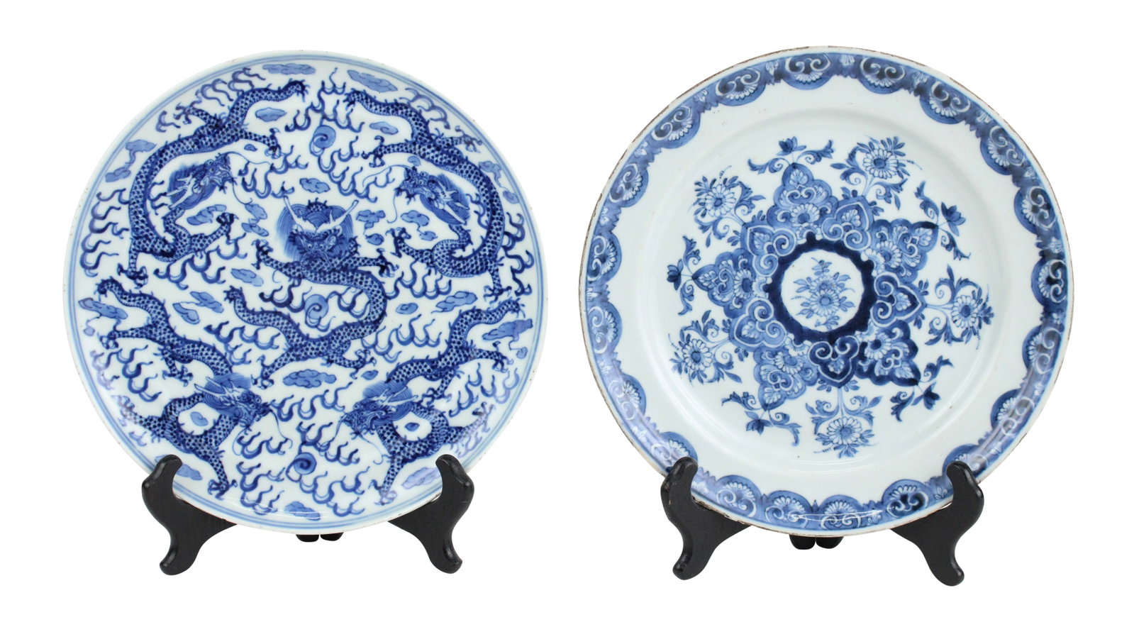 Two Chinese Blue and White Porcelain Plates: Two Chinese Blue and White Porcelain Plates 18th/19th C. One dragon decorated. Provenance: Property from the Estate of Dr. Richard M. and Susan Pope Hays Each 9 1/2 in. (24.1 cm.)
