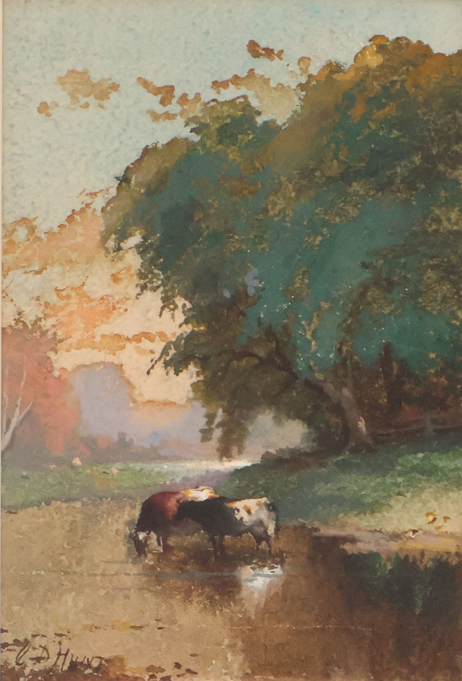 Charles Day Hunt, 1840-1914, Landscape with Cattle in a Stream, Watercolor (1 of 15)