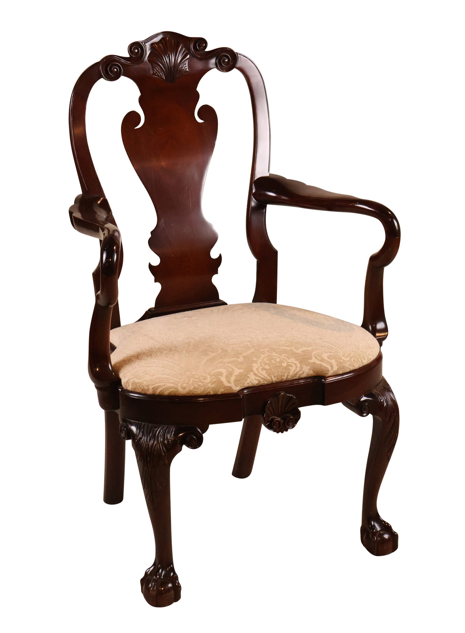 Kindel Federal Style Carved Mahogany Armchair: Kindel Federal Style Carved Mahogany Armchair 20th C. Philadelphia tradition, with shell decorated. 42 1/2 x 26 x 20 1/2 in. (108 x 66 x 52.1 cm.)