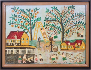 Aaron Birnbaum, American 1895-1998, Peach Picking, Oil on Board