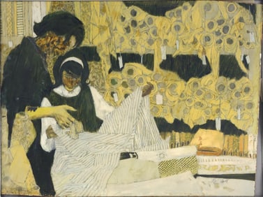 Herbert Tauss, 1929-2001, Mother & Daughter at Fabric Store, Mixed Media on Panel