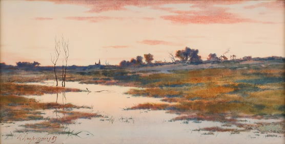 Henri-Joseph Harpignies, French 1819-1916, Water Filled Meadow, Watercolor