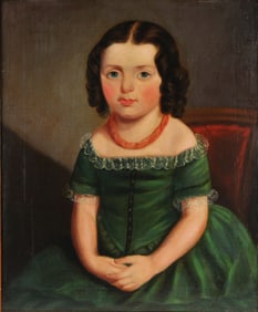 Anglo-American School , 19th C., Portrait of a Young Girl in a Green Dress, Oil on Canvas