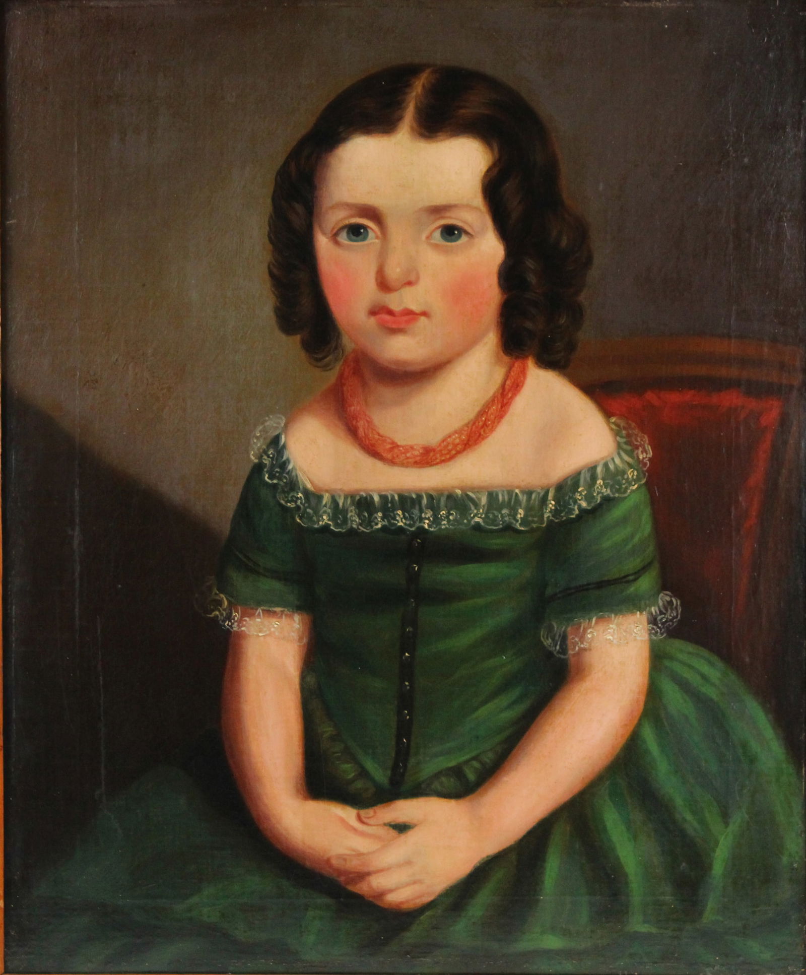 Anglo-American School , 19th C., Portrait of a Young Girl in a Green Dress, Oil on Canvas (1 of 6)
