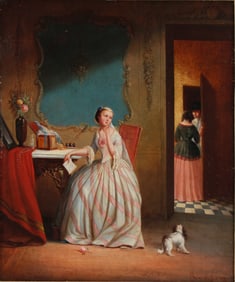 Clement Wal, French , Interior with Woman and Dog, Oil on Panel