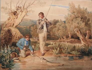 Attrib. Joshua Cristall, British 1768-1847, Two Boys Landing a Pike, Watercolor