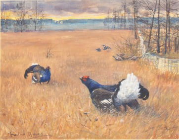 Gamebirds in Field, Watercolor and Gouache