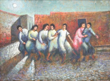 Taos School, Figures in Street, Oil on Canvas