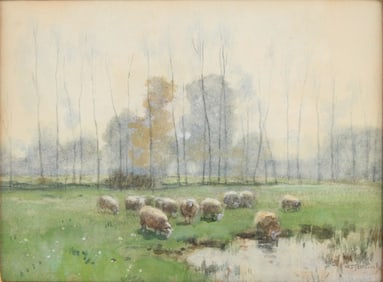 Willem (1856) Steelink, Dutch 1856-1928, Sheep Watering by Treeline, Watercolor