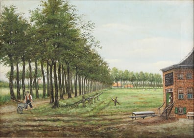 European School, Farmer on Tree Lined Path, Oil on Canvas