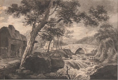 Dutch School, Bridge over River, Watercolor En Grisaille