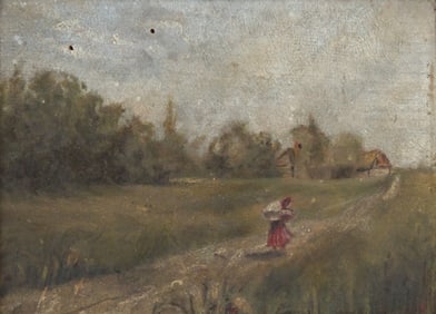 Figure on Path in Landscape, Oil on Board
