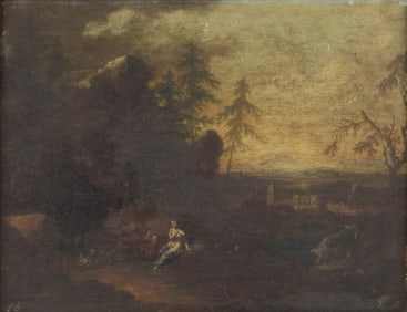 Landscape with Classical Figures, Oil on Board