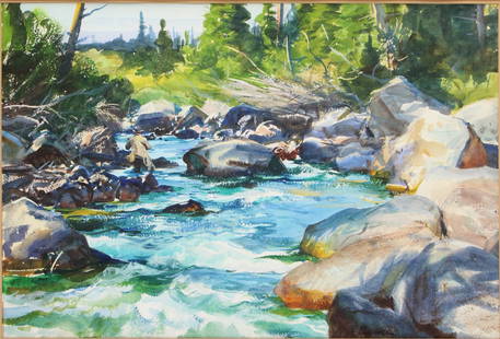 Ogden Minton Pleissner, American 1905-1983, Trout Fishing in Canada, Watercolor: Ogden Minton PleissnerAmerican, 1905-1983Trout Fishing in CanadaWatercolorSigned l.r. "Pleissner."Provenance: According to the consignor, likely at the Engelhard Camp on the Restigouche Rive