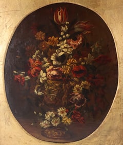 Still Life of Flowers in Urn, Oil on Board