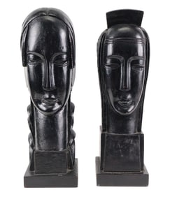 Two Modern Black Painted Wood Busts