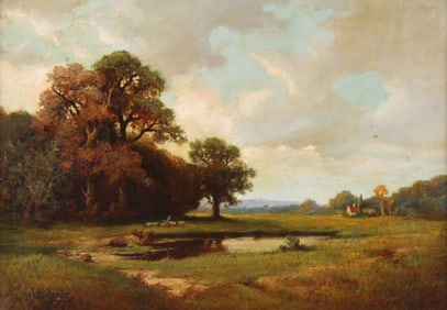 Josef Willroider, Austrian 1838-1915, Landscape with Sheep and Pond, Oil on Canvas