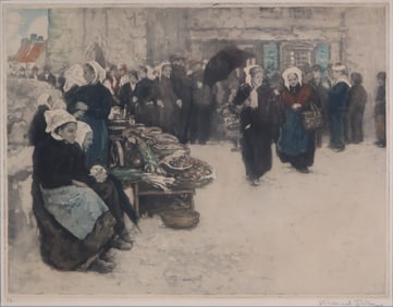 Manuel Robbe, French 1872-1936, The Brittany Market, Color Aquatint