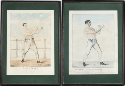 Two Hand Colored Boxing Prints, English