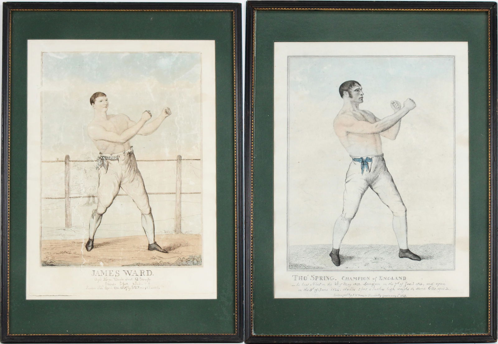 Two Hand Colored Boxing Prints, English: Two Hand Colored Boxing Prints, EnglishSecond quarter 19th C. Depicting "James Ward" and "Thomas Spring, Champion of England." Published by S.W. Fores.Overall appx 21 1/4 x 14 1/2