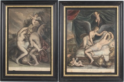 After Titian , 1488-1576, "Pluto and Proserpina" and "Cupido and Psyche", Hand Colored Mezzotint