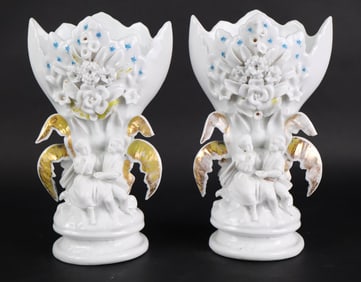 Pair of Porcelain Figural Parcel-Gilt and Hand Painted Vases