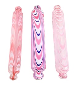 Three Nailsea Pink and White to Clear Glass Rolling Pins