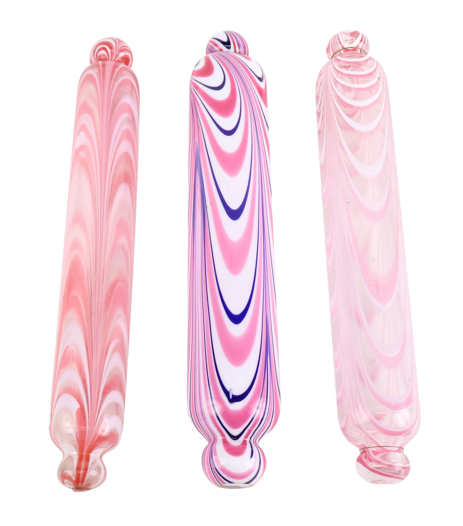 Three Nailsea Pink and White to Clear Glass Rolling Pins (1 of 8)