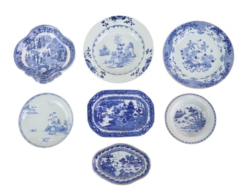 Seven Chinese Export Blue and White Porcelain Dishes