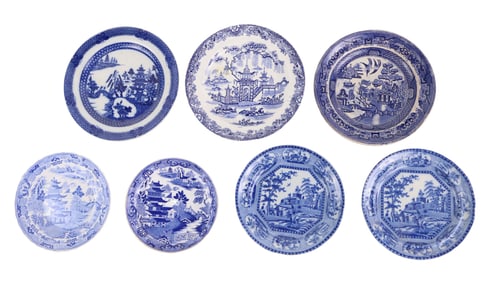 Seven Chinese Export Blue Transferware Plates