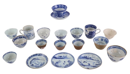 Group of Blue and White Teacups, Tea Bowls, and Saucers