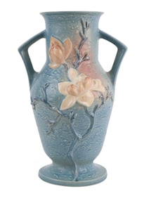 Roseville Blue Magnolia Tall Double Handled Vase