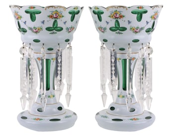 Pair of Painted Green and White Glass Girandoles