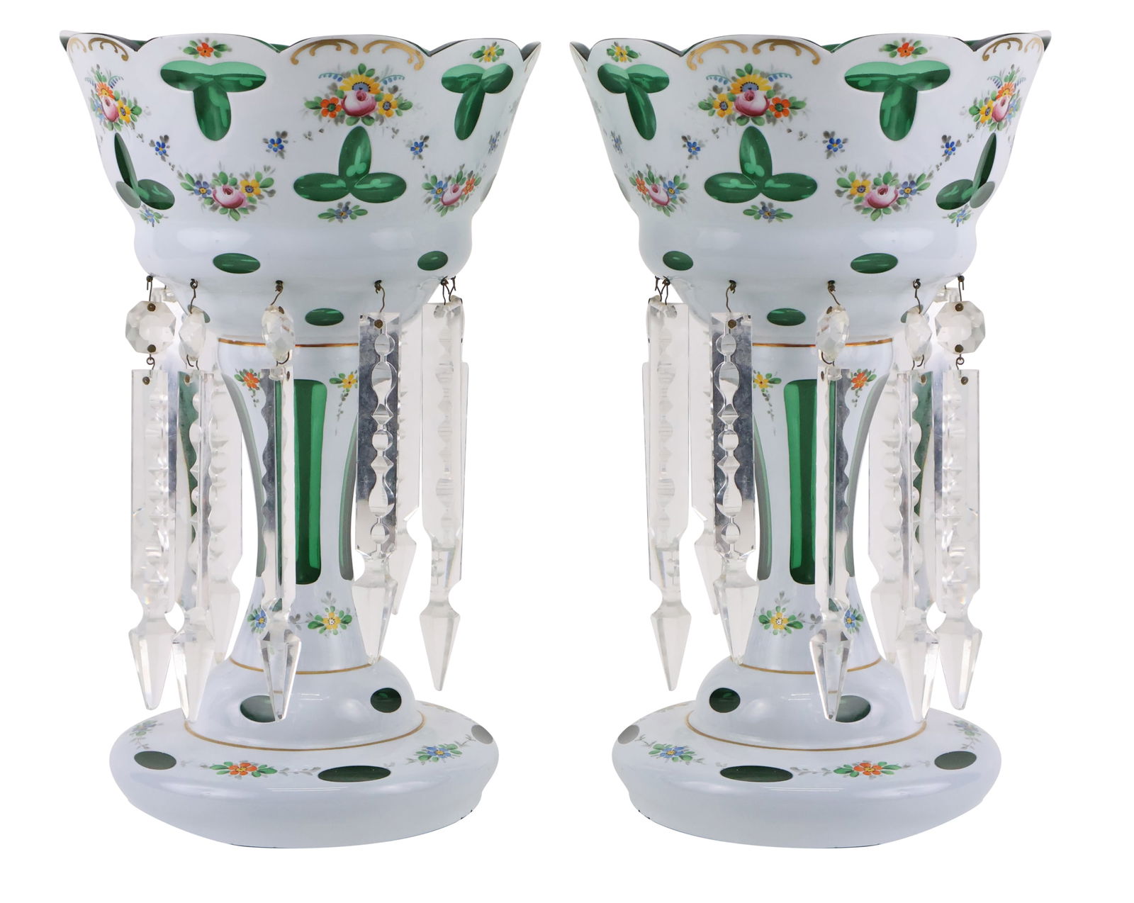 Pair of Painted Green and White Glass Girandoles: Pair of Painted Green and White Glass GirandolesCrystals not matching, losses.12 3/4 x 8 x 8 in. (32.4 x 20.3 x 20.3 cm.)