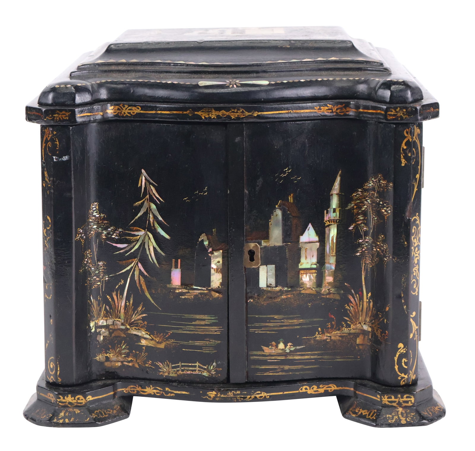 Victorian Mother-of-Pearl Ebonized Jewelry Casket: Victorian Mother-of-Pearl Ebonized Jewelry Casket Probably, English 19th C. 9 1/4 x 10 1/2 x 9 1/4 in. (23.5 x 26.7 x 23.5 cm.)