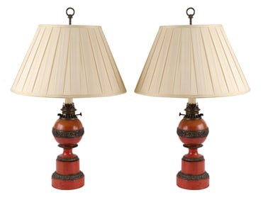 Pair of French Red Painted Tole Lamps